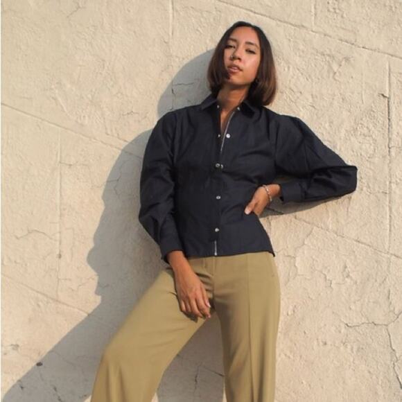 Thakoon Fitted Puff Sleeve Shirt Jacket Navy Blue Collar Full Zip NWT Size 6 - Picture 8 of 8